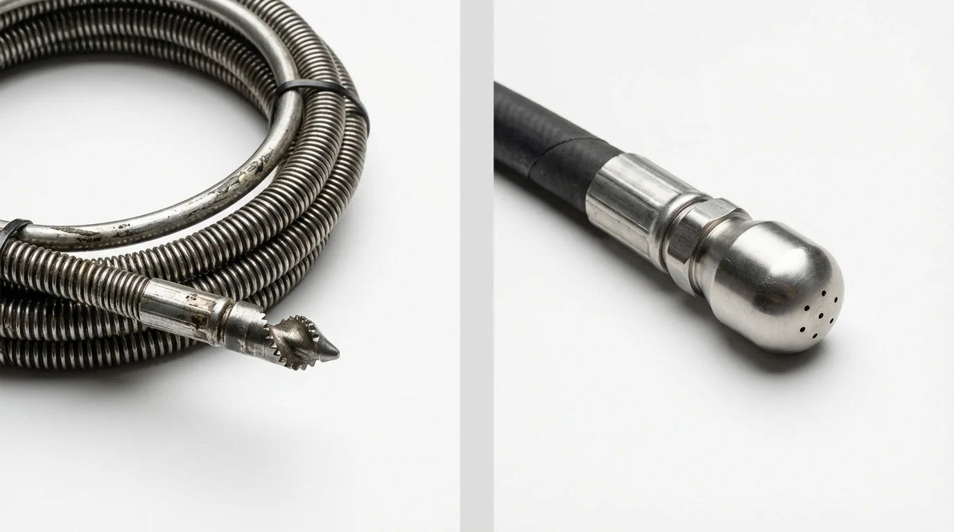 Drain snake cable and hydro jetting nozzle used for drain cleaning in Elkhart, KS