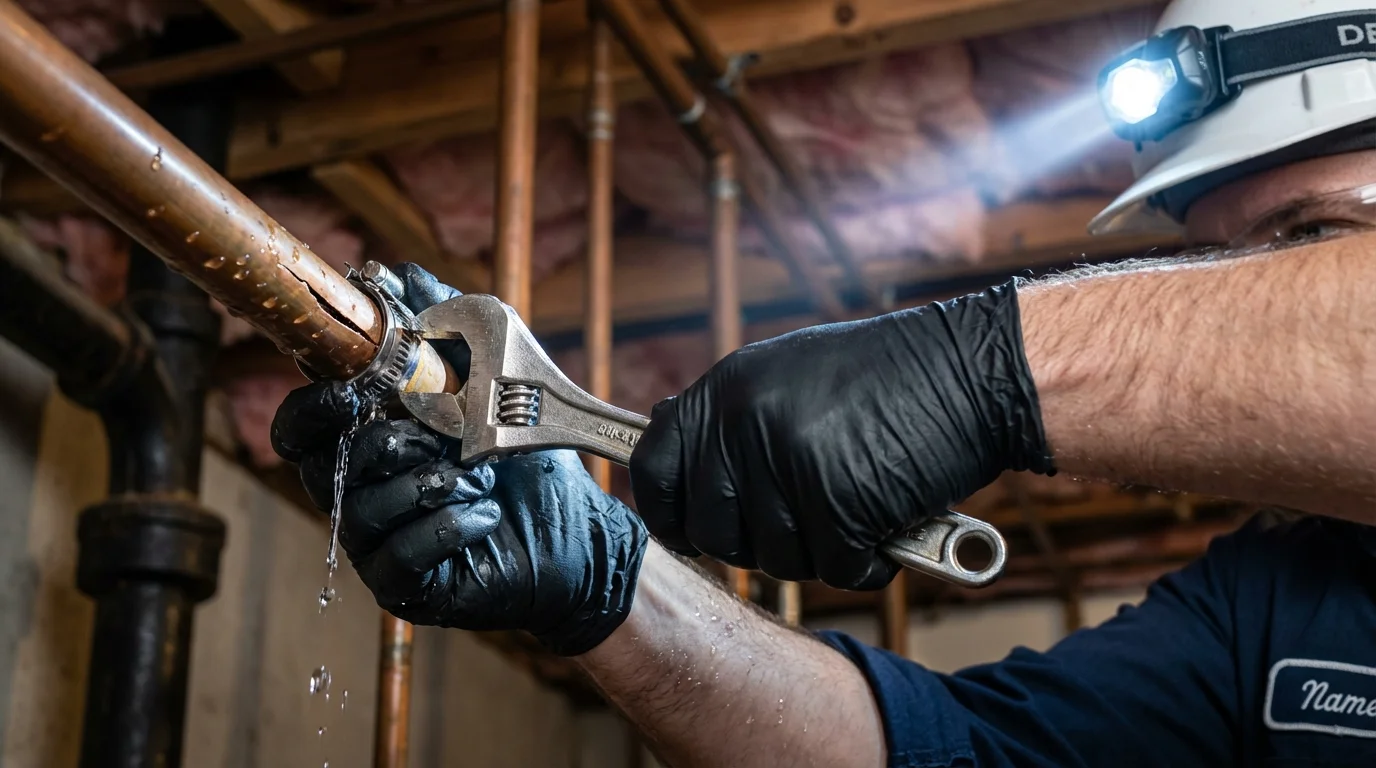 Emergency pipe clamp repair being performed by a Johns Plumbing LLC plumber in Elkhart