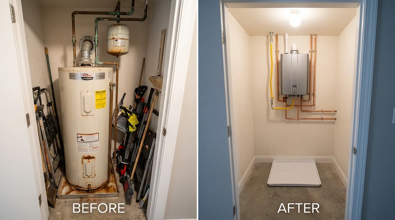 Tank water heater versus wall-mounted tankless unit comparison for Elkhart, KS homeowners