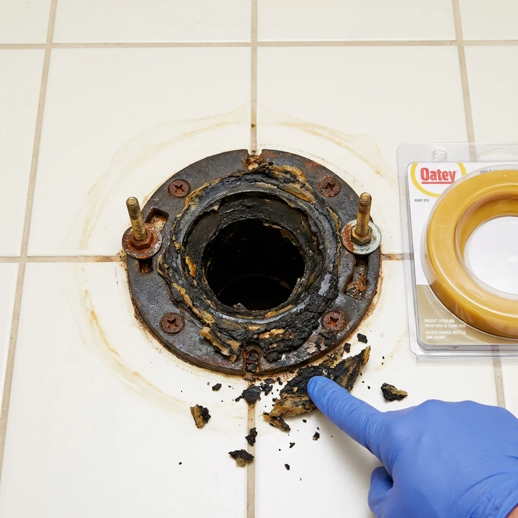 Failed wax ring showing water seepage at the base of a toilet in a Elkhart, KS home