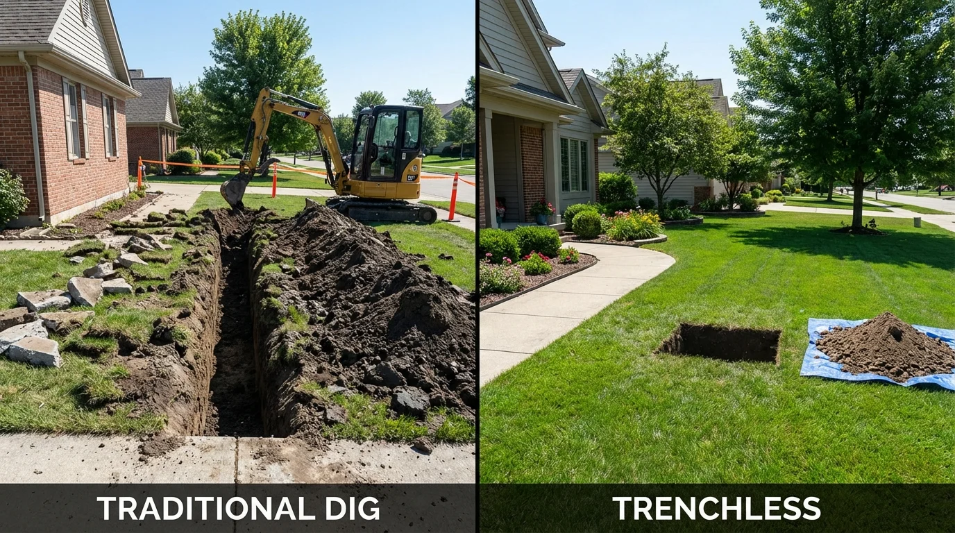 Trenchless sewer repair with minimal yard damage versus traditional excavation in Elkhart, KS
