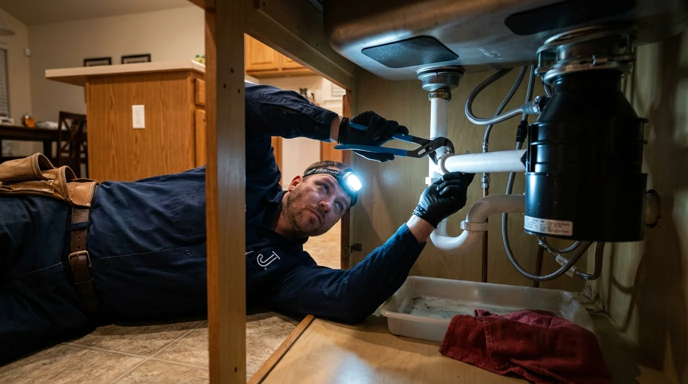 P-trap and supply line connections under a kitchen sink showing a common leak point in Elkhart, KS